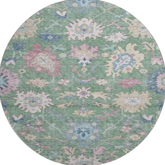8' Sage Beige And Blue Floral Washable Round Rug With UV Protection Photo 3