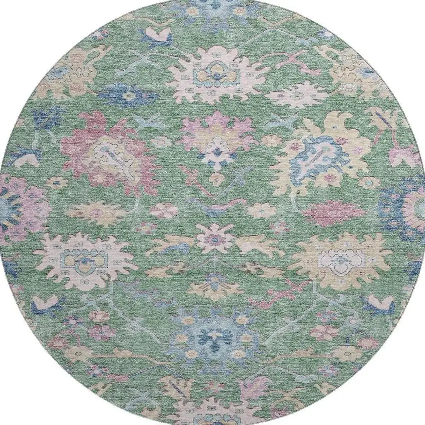 8' Sage Beige And Blue Floral Washable Round Rug With UV Protection Photo 3