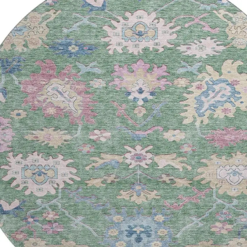8' Sage Beige And Blue Floral Washable Round Rug With UV Protection Photo 2