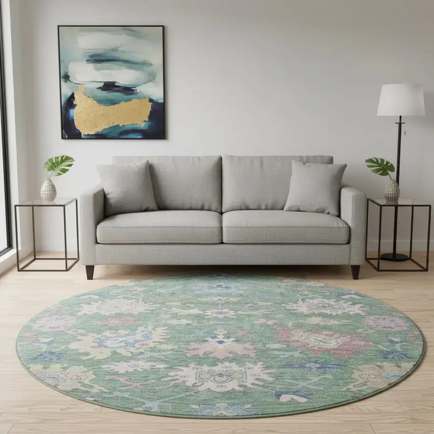 8' Sage Beige And Blue Floral Washable Round Rug With UV Protection Photo 2