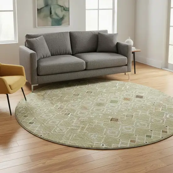 8' Sage Beige And Gold Southwestern Washable Round Rug With UV Protection Photo 2