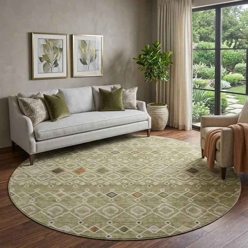 8' Sage Beige And Gold Southwestern Washable Round Rug With UV Protection Photo 1