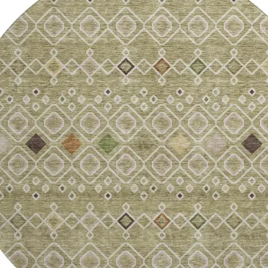 8' Sage Beige And Gold Southwestern Washable Round Rug With UV Protection Photo 2