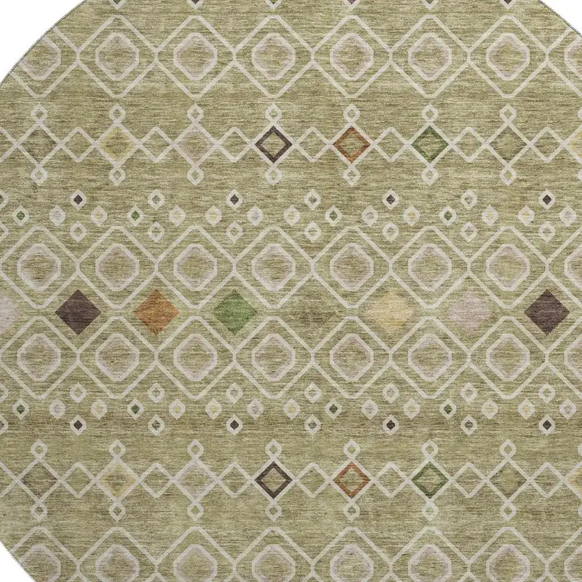 8' Sage Beige And Gold Southwestern Washable Round Rug With UV Protection Photo 2