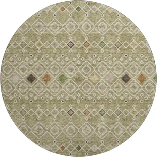 8' Sage Beige And Gold Southwestern Washable Round Rug With UV Protection Photo 1
