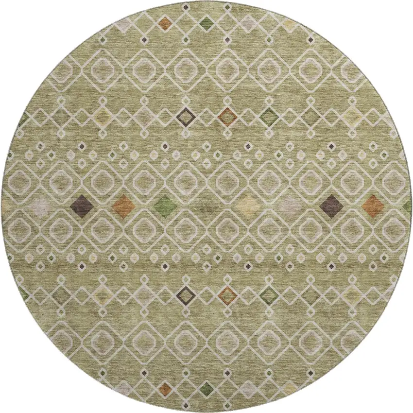 8' Sage Beige And Gold Southwestern Washable Round Rug With UV Protection Photo 1