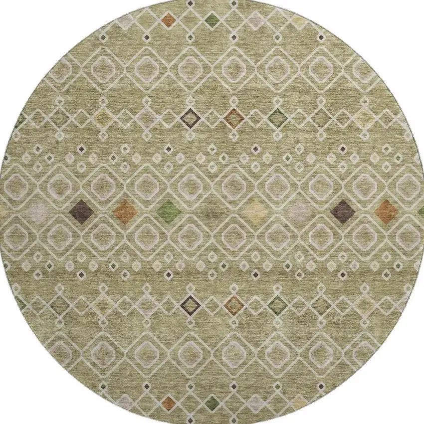 8' Sage Beige And Gold Southwestern Washable Round Rug With UV Protection Photo 3