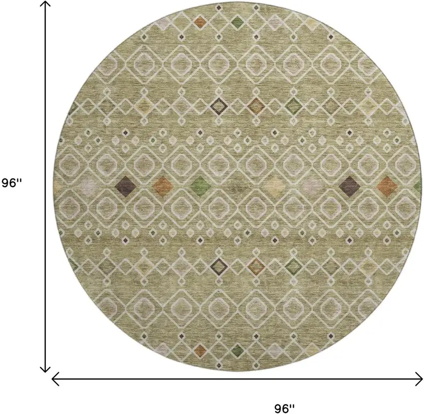 8' Sage Beige And Gold Southwestern Washable Round Rug With UV Protection Photo 9