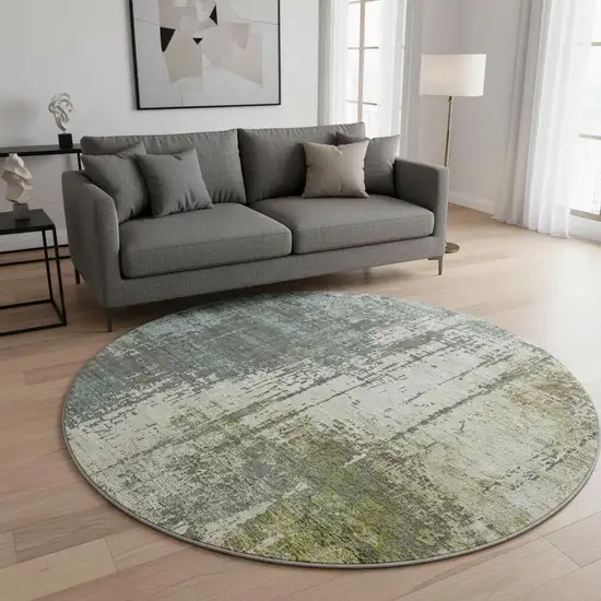 8' Sage Beige And Gray Abstract Washable Round Rug With UV Protection Photo 2