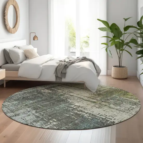 8' Sage Beige And Gray Abstract Washable Round Rug With UV Protection Photo 5