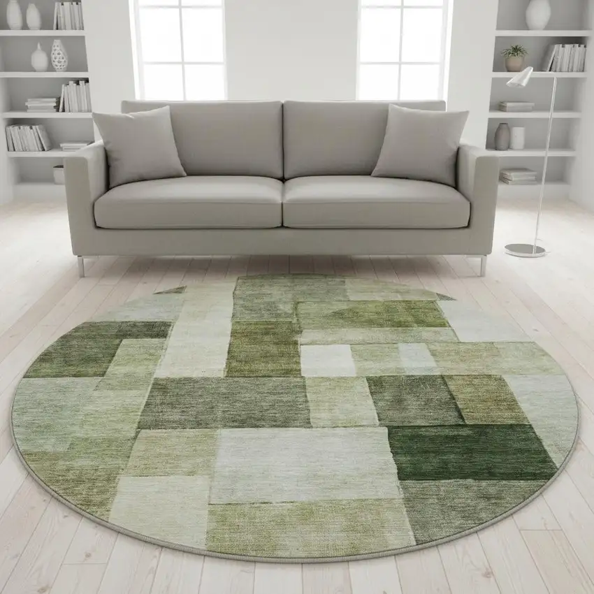 8' Sage Beige And Gray Geometric Washable Round Rug With UV Protection Photo 2