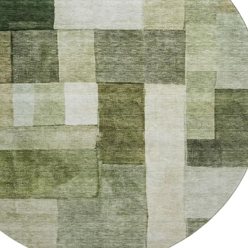 8' Sage Beige And Gray Geometric Washable Round Rug With UV Protection Photo 2