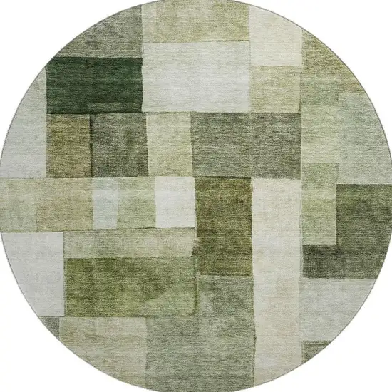 8' Sage Beige And Gray Geometric Washable Round Rug With UV Protection Photo 3