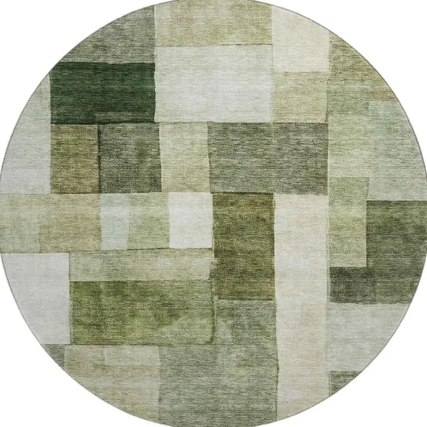 8' Sage Beige And Gray Geometric Washable Round Rug With UV Protection Photo 3