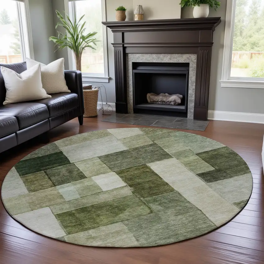 8' Sage Beige And Gray Geometric Washable Round Rug With UV Protection Photo 4