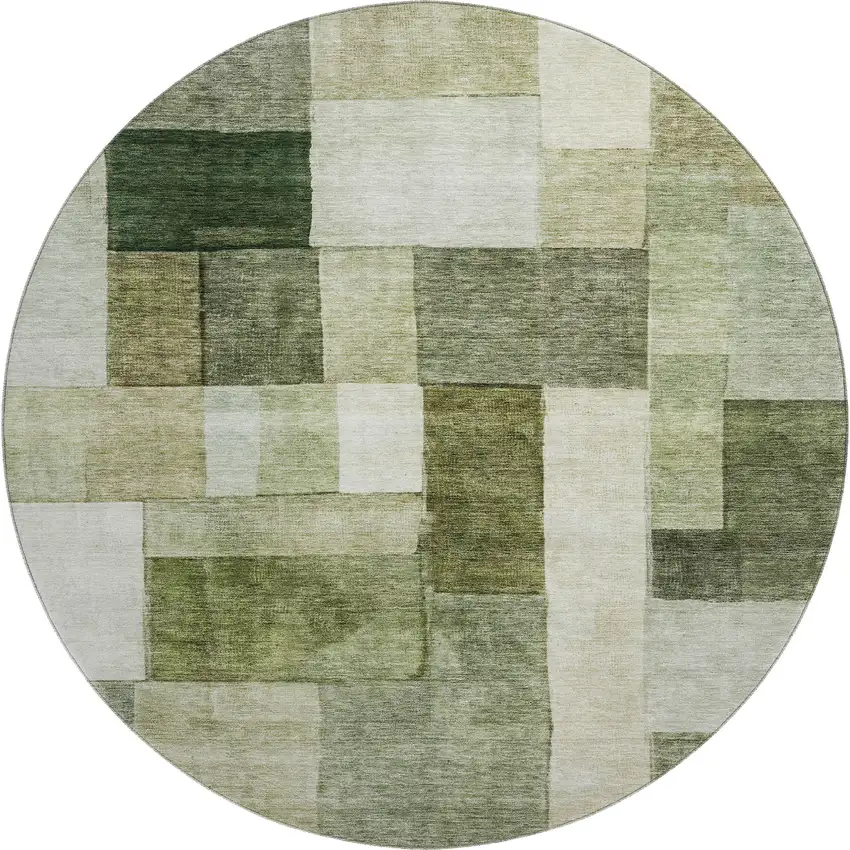 8' Sage Beige And Gray Geometric Washable Round Rug With UV Protection Photo 1
