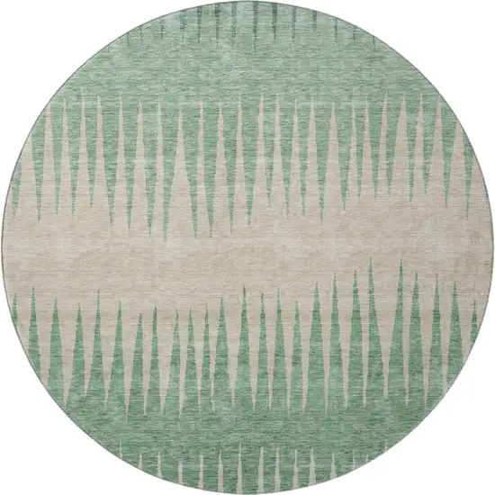 8' Sage Beige And Silver Striped Washable Round Rug With UV Protection Photo 4
