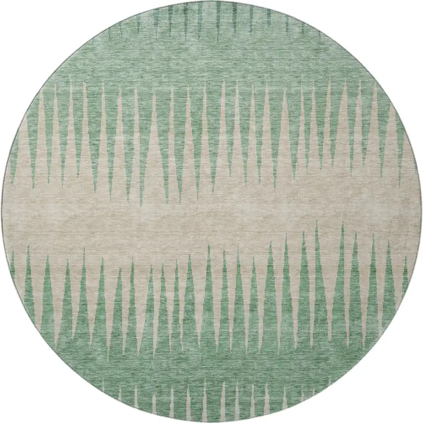 8' Sage Beige And Silver Striped Washable Round Rug With UV Protection Photo 4