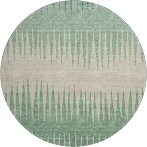 Photo of 8' Sage Beige And Silver Striped Washable Round Rug With UV Protection