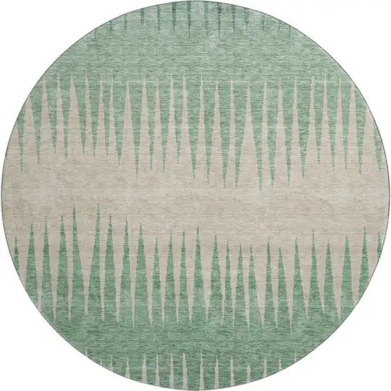 8' Sage Beige And Silver Striped Washable Round Rug With UV Protection Photo 1