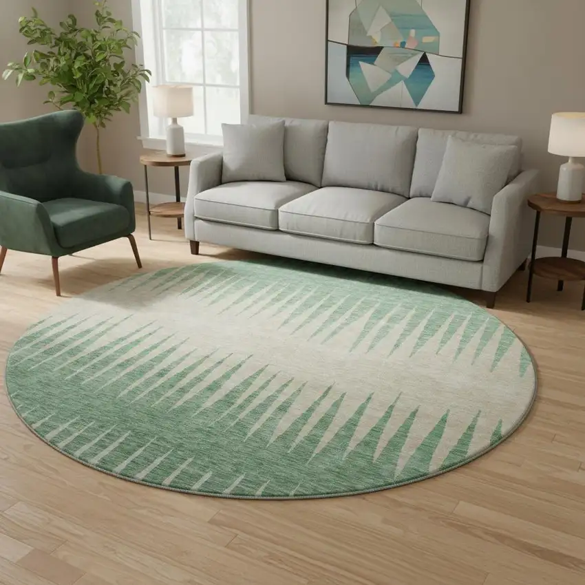 8' Sage Beige And Silver Striped Washable Round Rug With UV Protection Photo 2