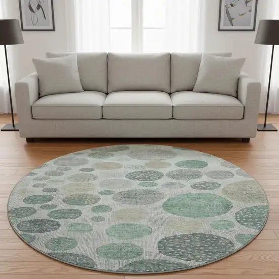 8' Sage Beige And Tan Geometric Washable Round Rug With UV Protection Photo 2