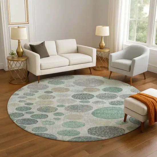 8' Sage Beige And Tan Geometric Washable Round Rug With UV Protection Photo 5
