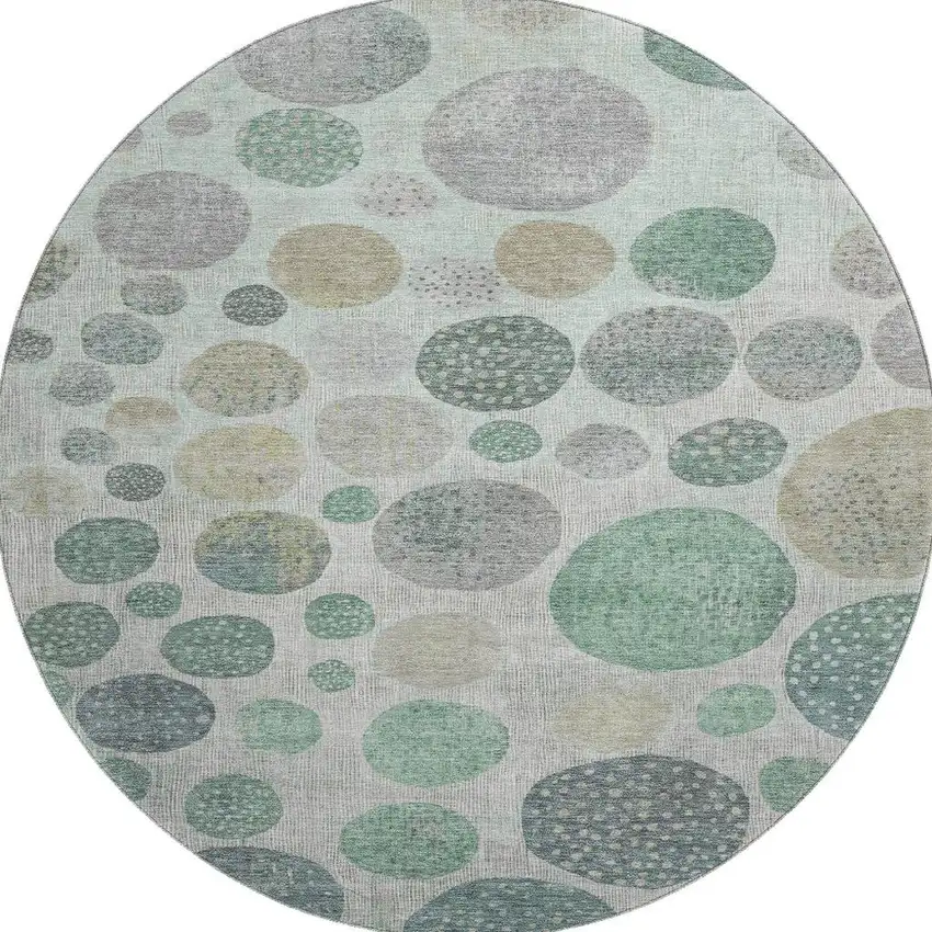 8' Sage Beige And Tan Geometric Washable Round Rug With UV Protection Photo 4