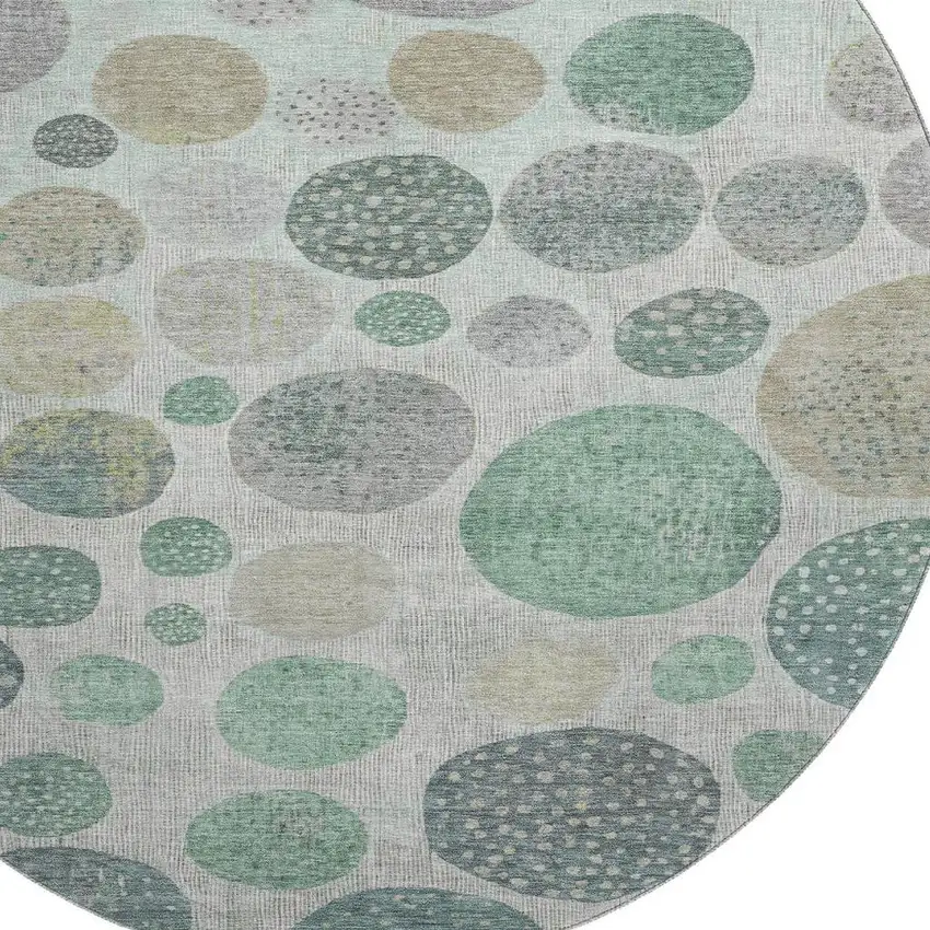 8' Sage Beige And Tan Geometric Washable Round Rug With UV Protection Photo 3