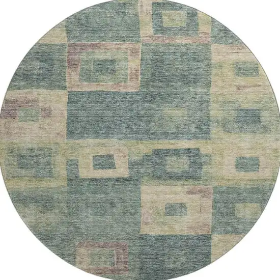 8' Sage Beige And Taupe Geometric Washable Round Rug With UV Protection Photo 3