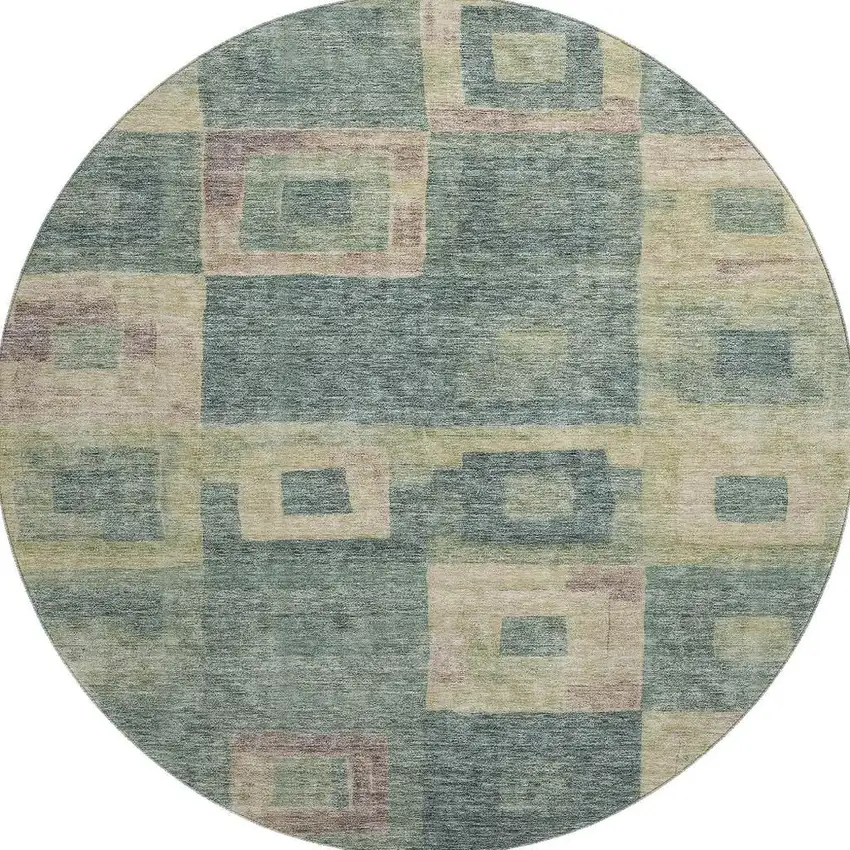 8' Sage Beige And Taupe Geometric Washable Round Rug With UV Protection Photo 3