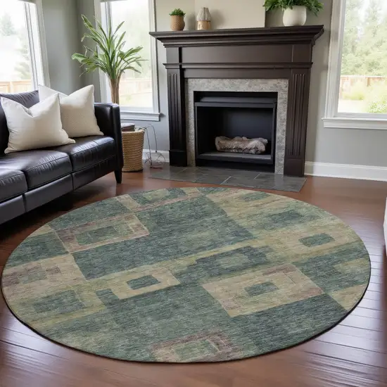 8' Sage Beige And Taupe Geometric Washable Round Rug With UV Protection Photo 4