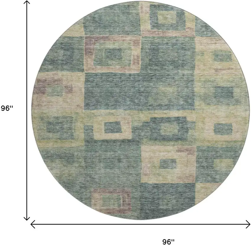 8' Sage Beige And Taupe Geometric Washable Round Rug With UV Protection Photo 9