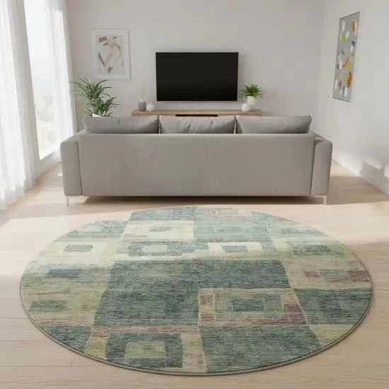 8' Sage Beige And Taupe Geometric Washable Round Rug With UV Protection Photo 1