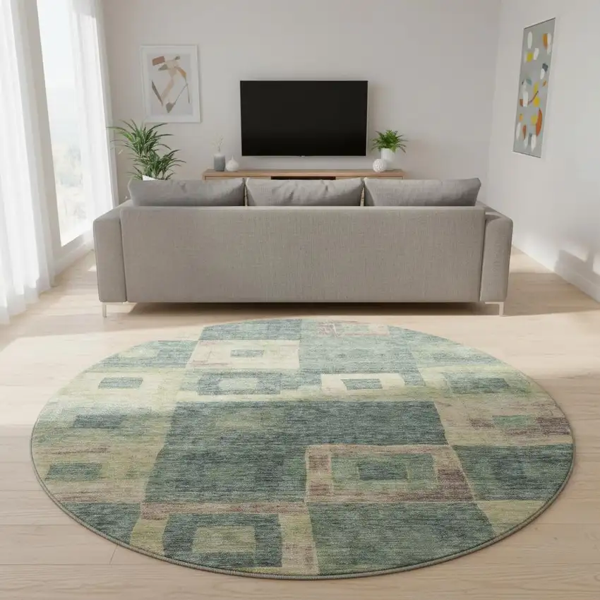 8' Sage Beige And Taupe Geometric Washable Round Rug With UV Protection Photo 1