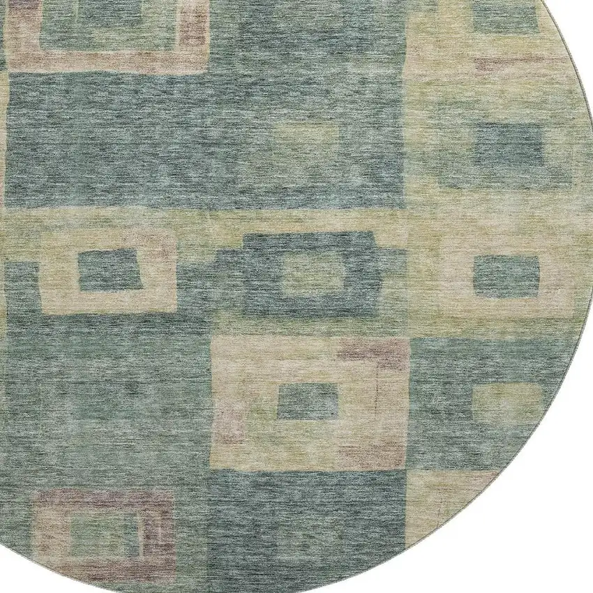 8' Sage Beige And Taupe Geometric Washable Round Rug With UV Protection Photo 2