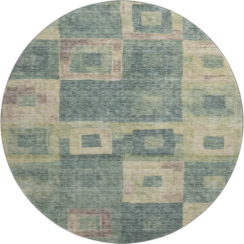 8' Sage Beige And Taupe Geometric Washable Round Rug With UV Protection Photo 1