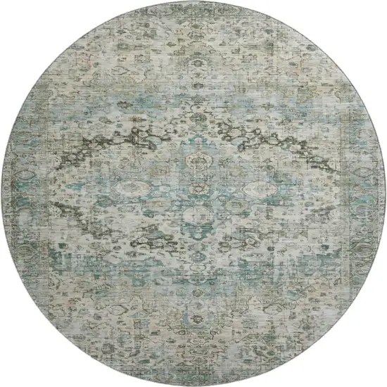 8' Sage Beige And Teal Oriental Washable Round Rug With UV Protection Photo 1