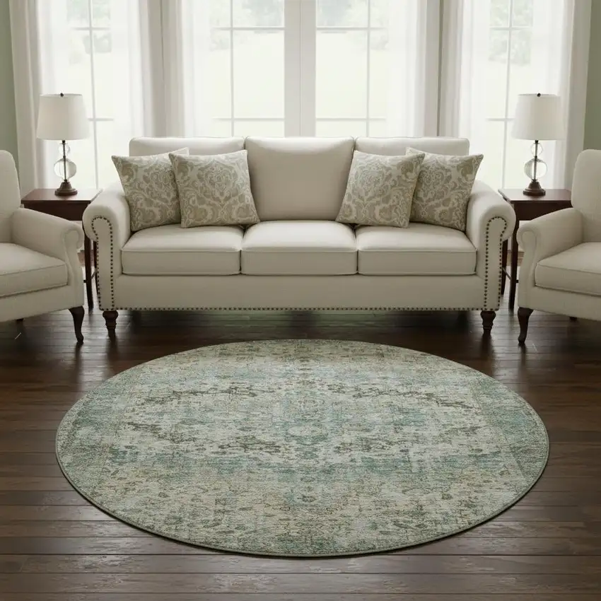 8' Sage Beige And Teal Oriental Washable Round Rug With UV Protection Photo 2