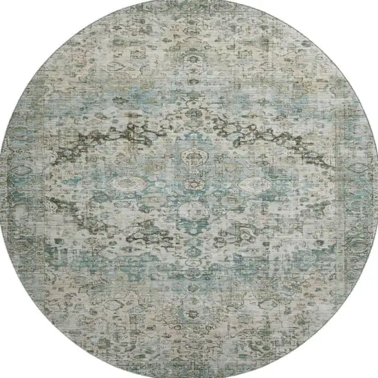 8' Sage Beige And Teal Oriental Washable Round Rug With UV Protection Photo 3