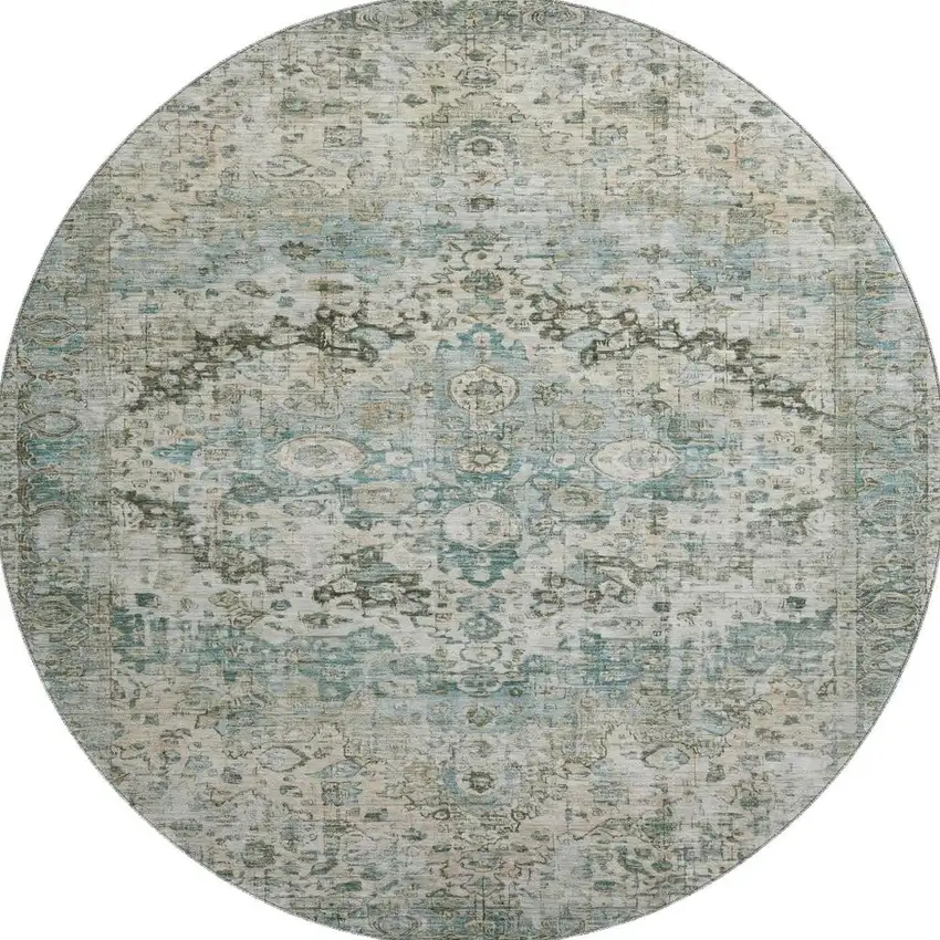 8' Sage Beige And Teal Oriental Washable Round Rug With UV Protection Photo 3