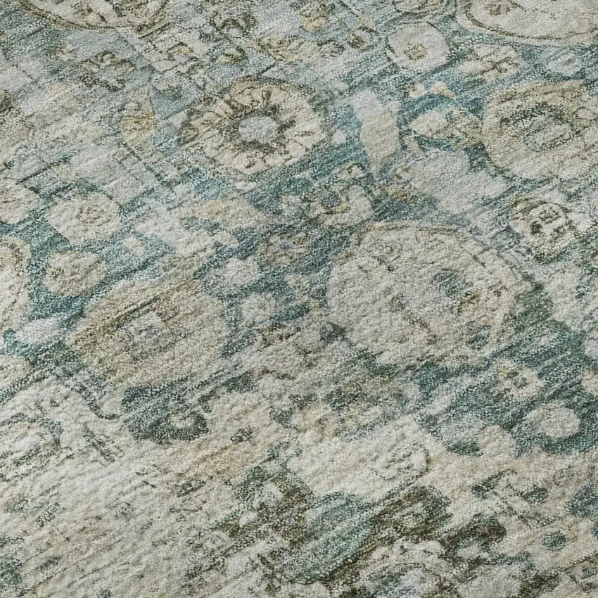 8' Sage Beige And Teal Oriental Washable Round Rug With UV Protection Photo 8