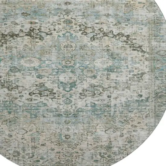 8' Sage Beige And Teal Oriental Washable Round Rug With UV Protection Photo 2