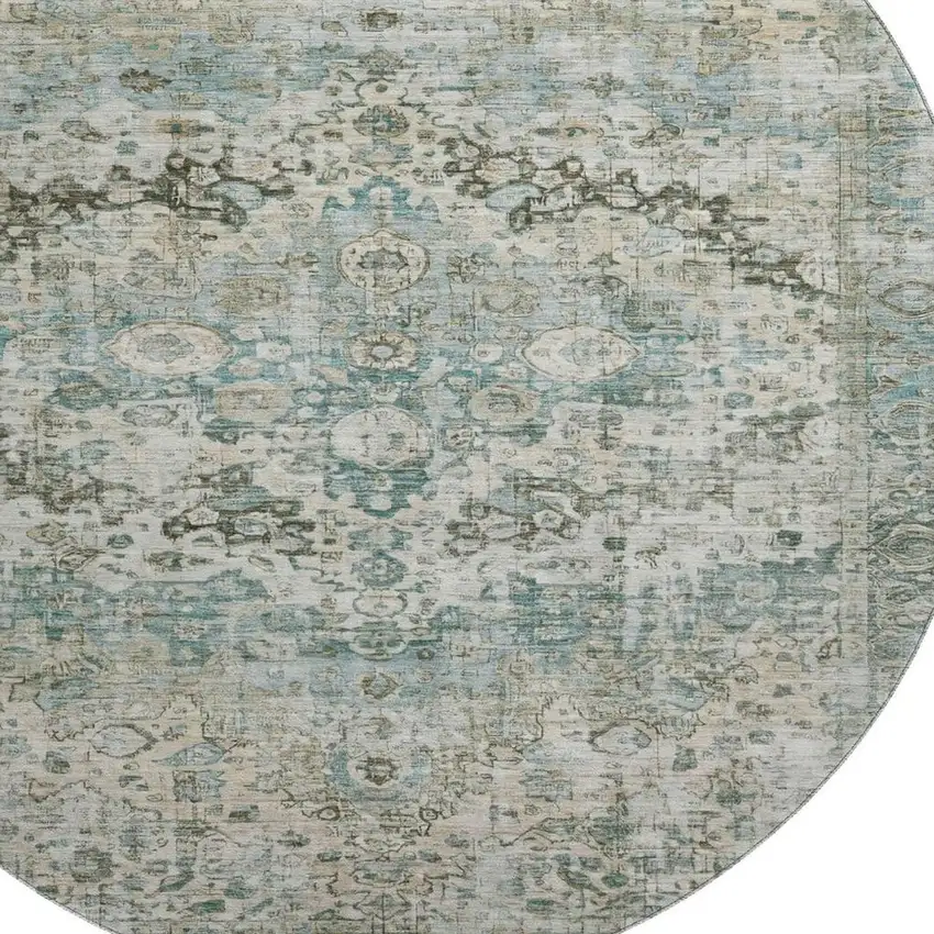 8' Sage Beige And Teal Oriental Washable Round Rug With UV Protection Photo 2