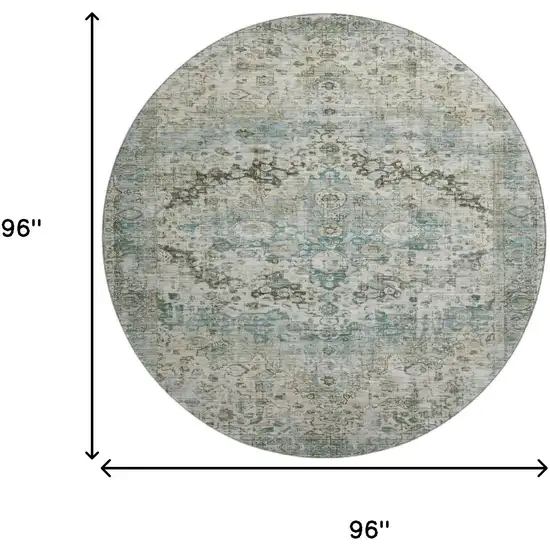 8' Sage Beige And Teal Oriental Washable Round Rug With UV Protection Photo 9