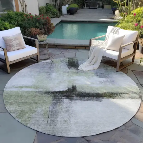 8' Sage Black And Gray Round Abstract Washable Indoor Outdoor Area Rug Photo 7