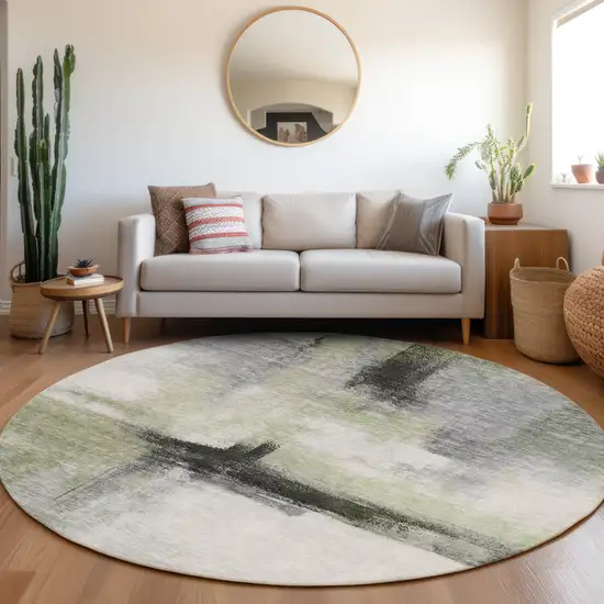 8' Sage Black And Gray Round Abstract Washable Indoor Outdoor Area Rug Photo 8