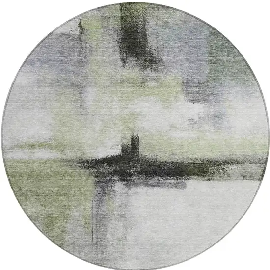 8' Sage Black And Gray Round Abstract Washable Indoor Outdoor Area Rug Photo 6