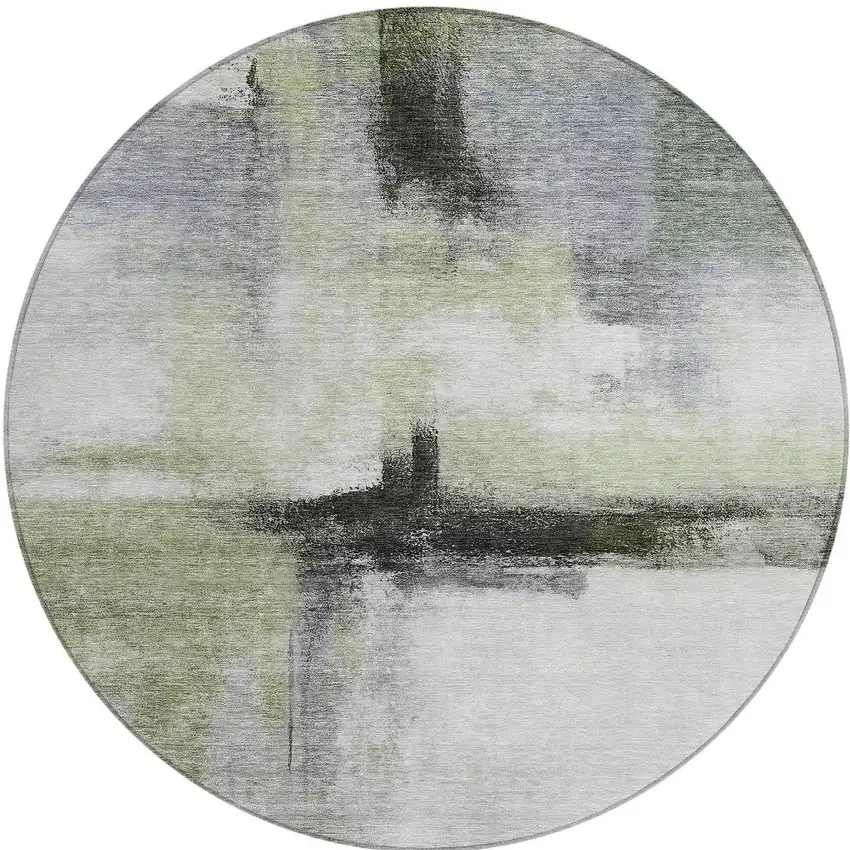 8' Sage Black And Gray Round Abstract Washable Indoor Outdoor Area Rug Photo 6