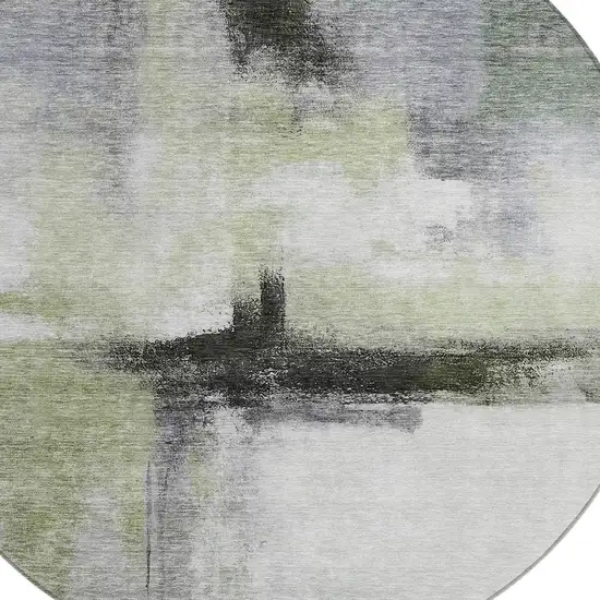 8' Sage Black And Gray Round Abstract Washable Indoor Outdoor Area Rug Photo 5